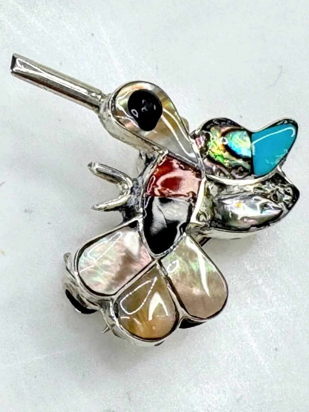 Vintage signed sterling inlay bird & hummingbird brooch pendant necklace JR1915